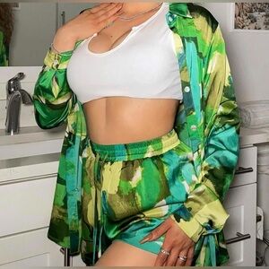 Fashion Nova Amiah Satin Short Set - Green/combo M